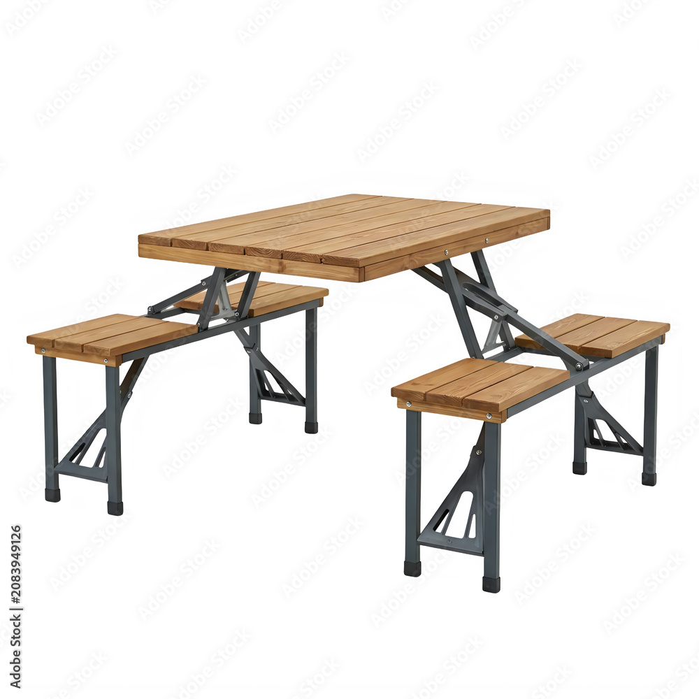Fototapeta premium Folding wooden picnic table with metal frame for outdoor use