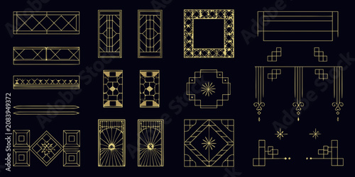 Tableau sur toile Geometric Art Deco Patterns On Black Background Golden Linear Designs