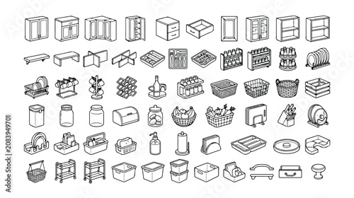 Bild auf Leinwand Kitchenware and Storage Icons, a comprehensive vector collection of household items, kitchen organization, and pantry essentials for modern living