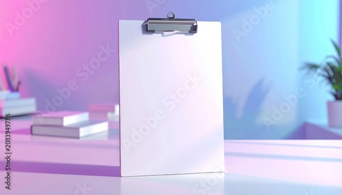 Blank Clipboard on Desk with Neon Lights and Plant - Mockup for Presentations, Notes, and Ideas