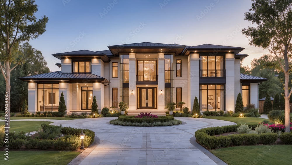 Fototapeta premium Luxury Neoclassical Mansion with Elegant Landscaped Gardens and Grand Estate Architecture