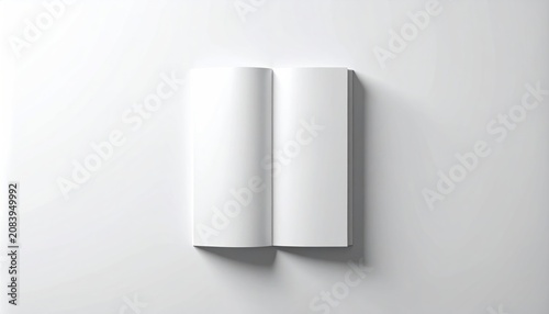 Blank open booklet or brochure with white pages on a minimalist white background, top view