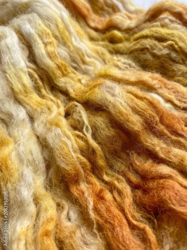 A close-up, abstract view of carded wool or roving in warm, earthy tones of cream, yellow, and orange.