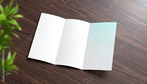 Blank Tri-Fold Brochure Mockup on Wooden Table with Green Plant - Ready for Design