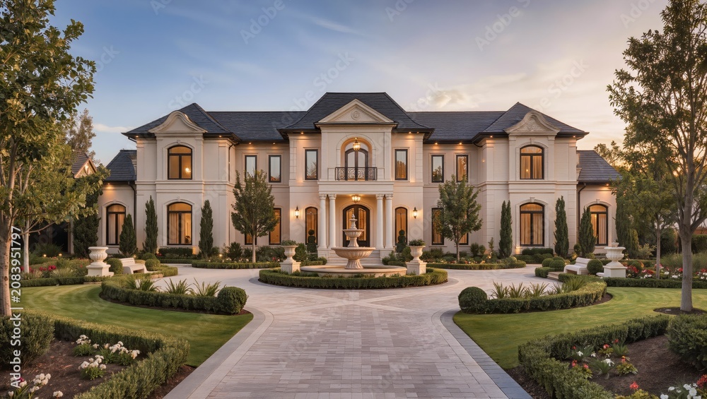 Fototapeta premium Luxury Neoclassical Mansion with Elegant Landscaped Gardens and Grand Estate Architecture