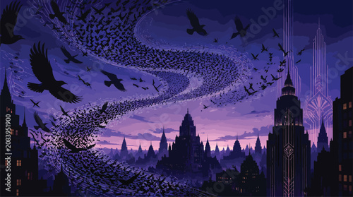 Bild auf Leinwand Flock of Birds Swirling Above Futuristic City Skyline at Dusk, Mystical Atmosphe