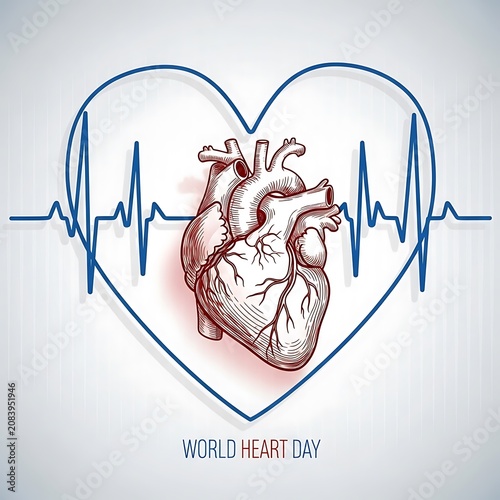 World Heart Day Awareness with Anatomical Heart and ECG Line.