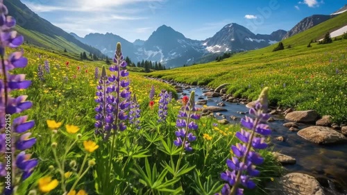 Colorful alpine wildflowers bloom beside a clear mountain stream with majestic peaks under a bright blue sky, showcasing a pristine summer landscape