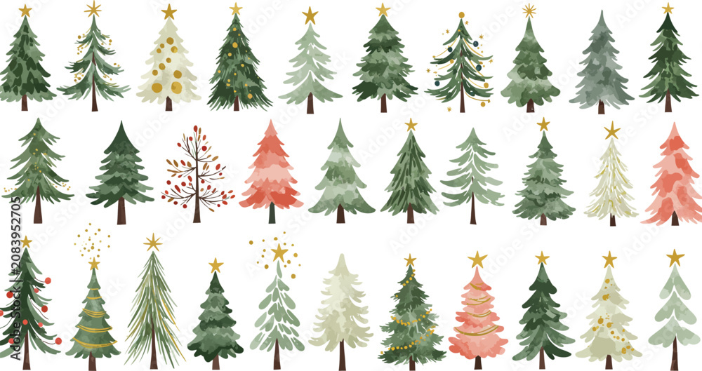 Fototapeta premium A collection of various watercolor christmas trees featuring different styles and colors isolated on a white background for holiday design and festive projects