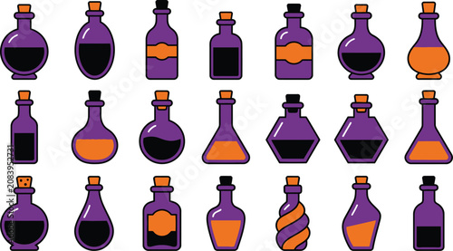 Fotografie Magic potion bottle icons, 21 purple elixir flasks, alchemy vector isolated on T