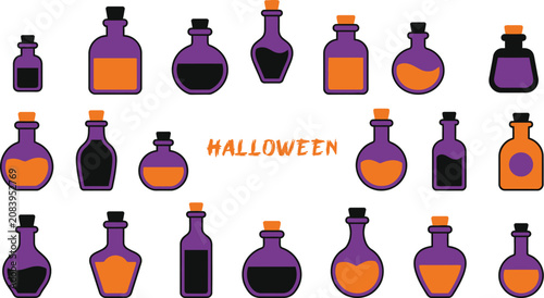 фотографія Halloween potion bottle set, magic elixir jars, purple witch vector isolated on