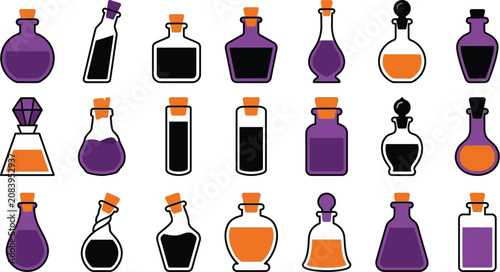 Fotografía Magic potion bottles, 21 witch elixir icons, purple alchemy vectors isolated on