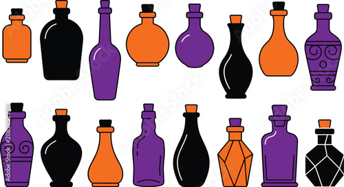 Принти на полотні Halloween potion bottles, magic elixir jars, 16 witch vector icons isolated on T
