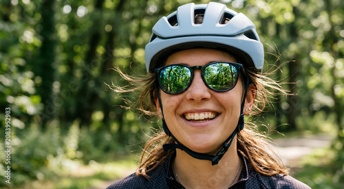 Joyful female cyclist with safety helmet and reflective sunglasses smiling outdoors in a sunny green forest.