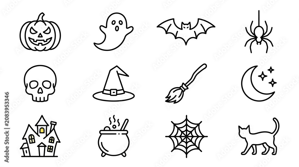 Fototapeta premium Halloween icons depict spooky Halloween symbols and creatures on a white background