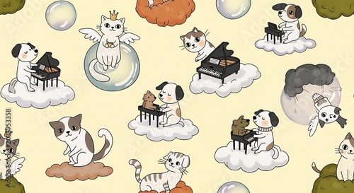 Whimsical dogs and cats on clouds.
