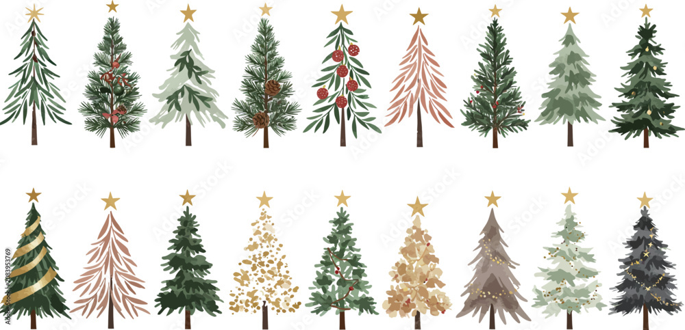 Fototapeta premium A collection of beautiful watercolor christmas trees decorated with festive ornaments and lights isolated on a white background for holiday season design projects