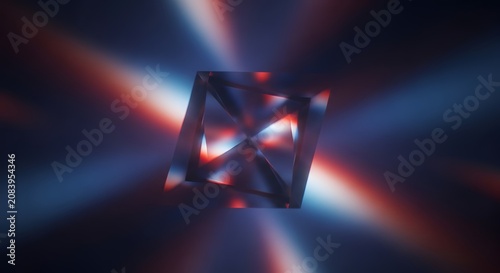 Abstract geometric crystal with red and blue light refraction on dark background.
