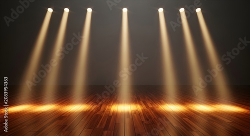 Seven warm spotlights illuminating an empty wooden stage with a dark background for performance.