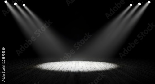Empty wooden stage with dramatic white spotlights shining in a dark theater room.