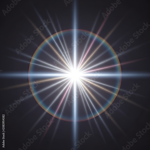 Glowing bright lens flare with rainbow halo and radiating light rays on dark background