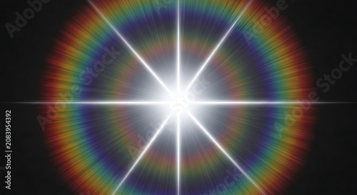 Radiant white starburst with a circular rainbow prism effect on a dark starry background.