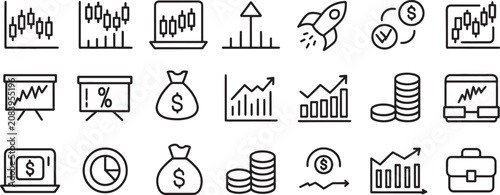 Bild auf Leinwand Stock Market Icons Set with Finance Charts, Money Symbols, Growth Arrows, and Ca