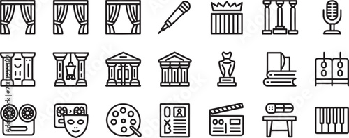 Schilderij op canvas Theater and Cinema Icon Set with Microphone, Columns, Curtains, Film Strip, Note