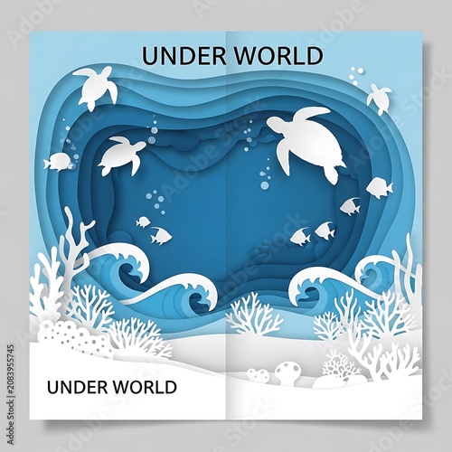 Underwater world with sea creatures swimming.