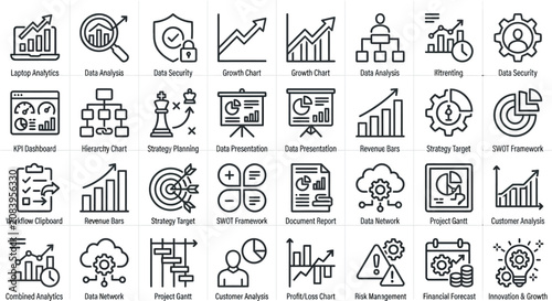 Icons depicting corporate growth and strategic planning are arranged in a structured collection.