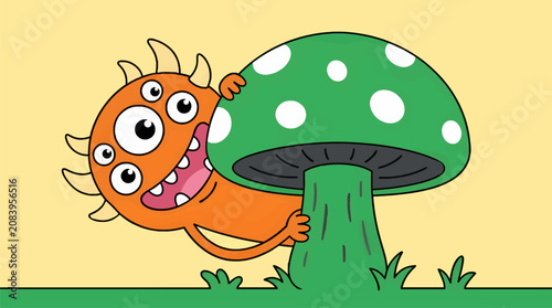 Tableau sur toile Goofy Orange Multi-Eyed Monster Peeking Behind a Large Green Polka Dot Mushroom,