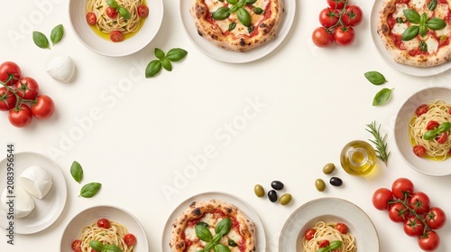 Flat lay composition of authentic Italian pizza and pasta with fresh cherry tomatoes and basil leaves creating a flavorful border for your culinary menu design
