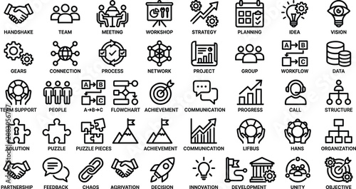 Icons depicting teamwork, strategic planning, and project management are organized in a structured black and white linear collection.