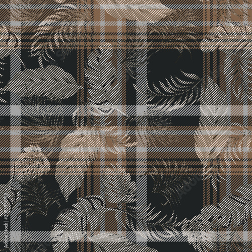 Bild auf Leinwand checks and topical leaves seamless  pattern on textures background