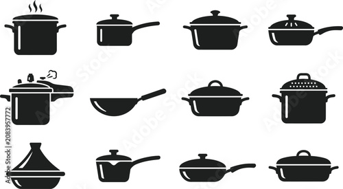 Foto Collection of black silhouette kitchen cooking pots and pans icons