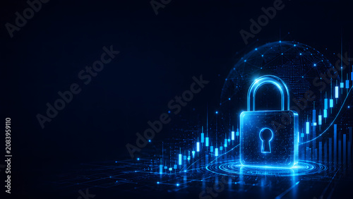 Cybersecurity Financial Technology Background with Digital Padlock and Secure Stock Market Growth Chart