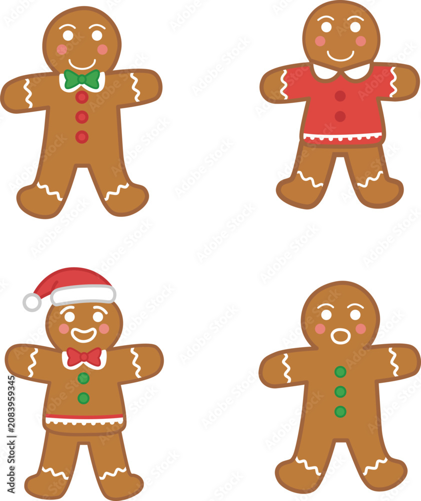 Obraz premium Four cheerful gingerbread men with smiling faces