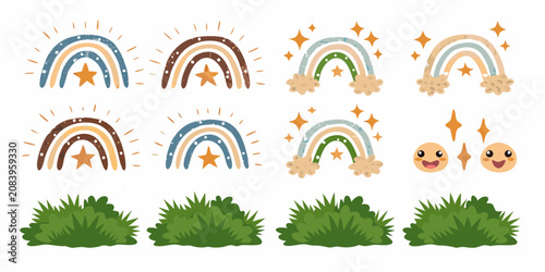 Canvastavla Rainbows And Grass Tufts Colorful Vector Illustration On White Background