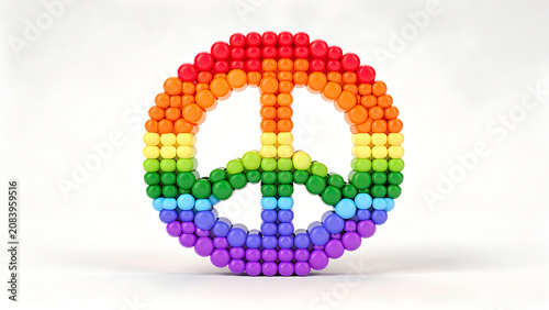 A peace symbol made of small, colorful rainbow-colored spheres on a white background.