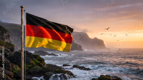 German national flag waving over a rugged rocky coastline at sunset with ocean waves and flying seagulls