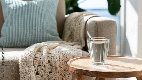 Cozy sofa corner with a glass of water on a side table