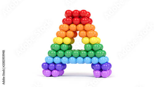 A letter 'A' formed by numerous small, colorful, spherical beads arranged in a rainbow gradient on a white background.