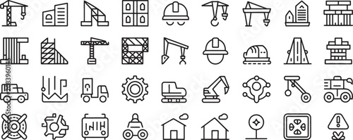 Bild auf Leinwand Construction Site Icons Set with Cranes, Buildings, Tools, Trucks, Hard Hat, and