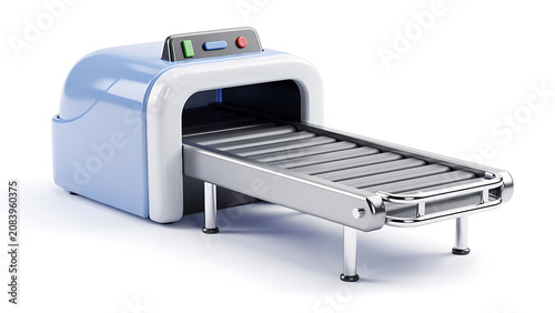 A 3D rendering of a blue and silver X-ray baggage scanner with a conveyor belt, commonly used for security checks at airports and other access points, isolated on a white background.
