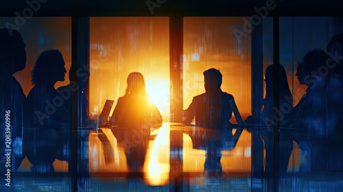 Silhouettes of people in a meeting room with a vibrant sunset reflecting on the table