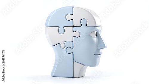 A 3D rendering of a human head constructed from interlocking puzzle pieces, symbolizing thought, problem-solving, and mental processes on a white background.