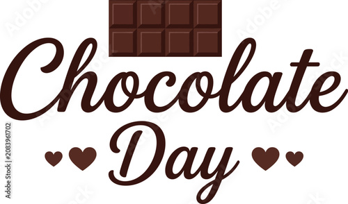 Chocolate bar graphic is centered above the words Chocolate Day which are surrounded by four small symmetrical heart icons on a plain white backdrop.