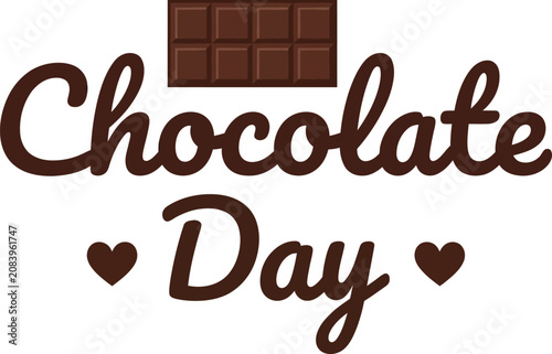 Chocolate bar icon sits above stylized cursive text reading Chocolate Day flanked by two small solid brown hearts on a clean white background.