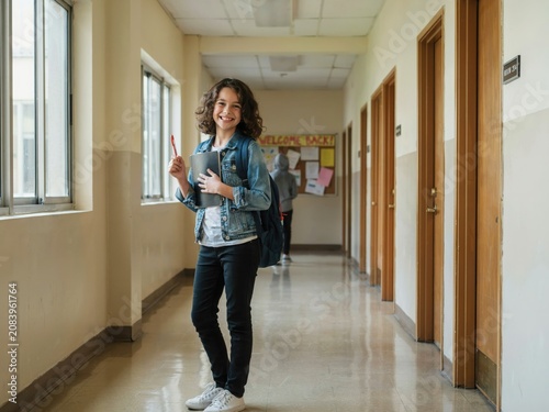 Happy schoolgirl smiling while standing in long hallway holding her notebooks and red pen at school.
