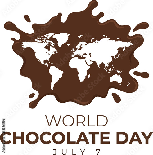 World Chocolate Day branding features a dark liquid cocoa puddle surrounding a stylized map of the earth.